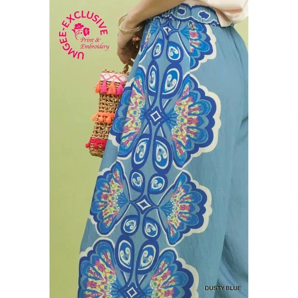 C5968B Umgee Print Wide Palazzo Pants Dusty Blue Various Sizes - Picture 4 of 5